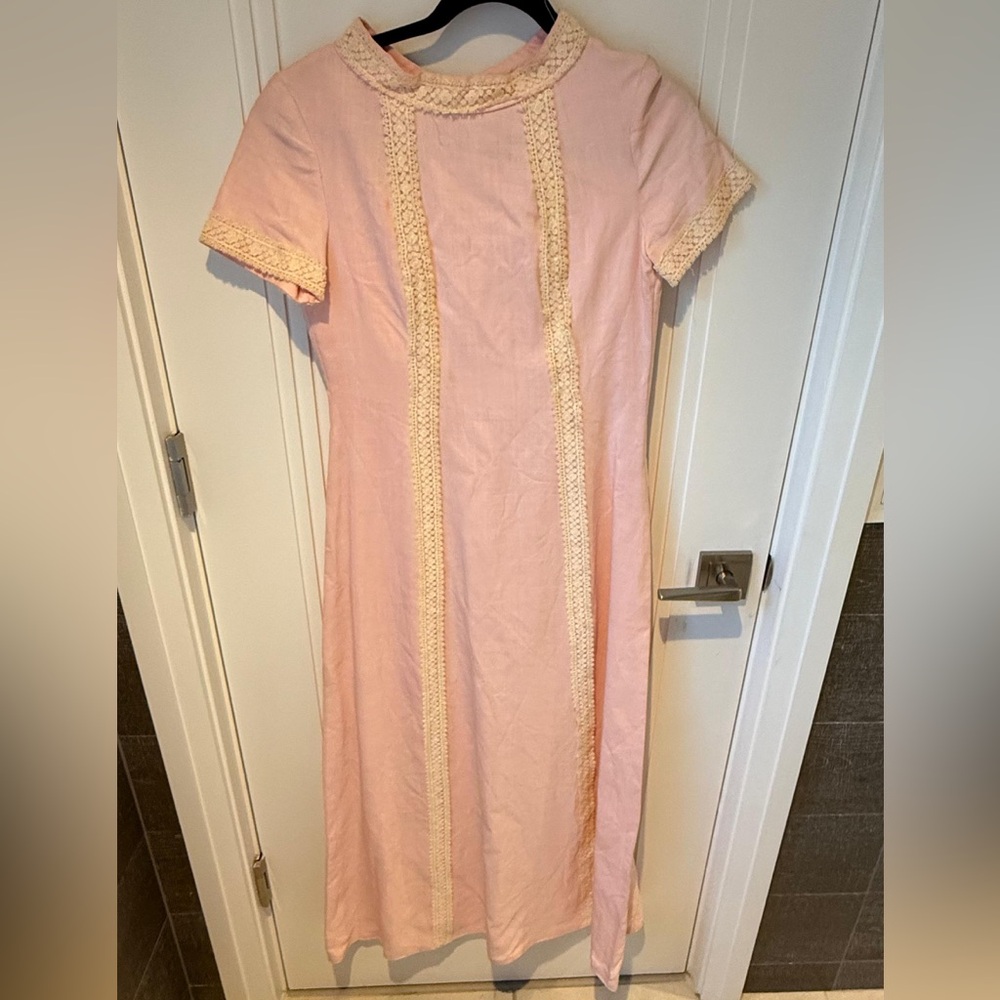 Vintage Linen Maxi Dress with Lace Trim | Romantic Cottagecore Pink | Size 4-6